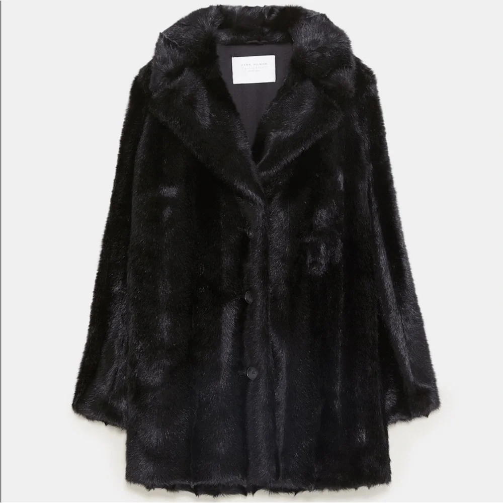 Zara NWT black lapel collar faux fur coat - Picture 2 of 10